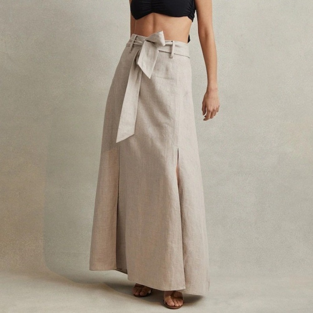 REISS Neutral Beige Abigail Linen Maxi Skirt High Rise Side Slits Size 6